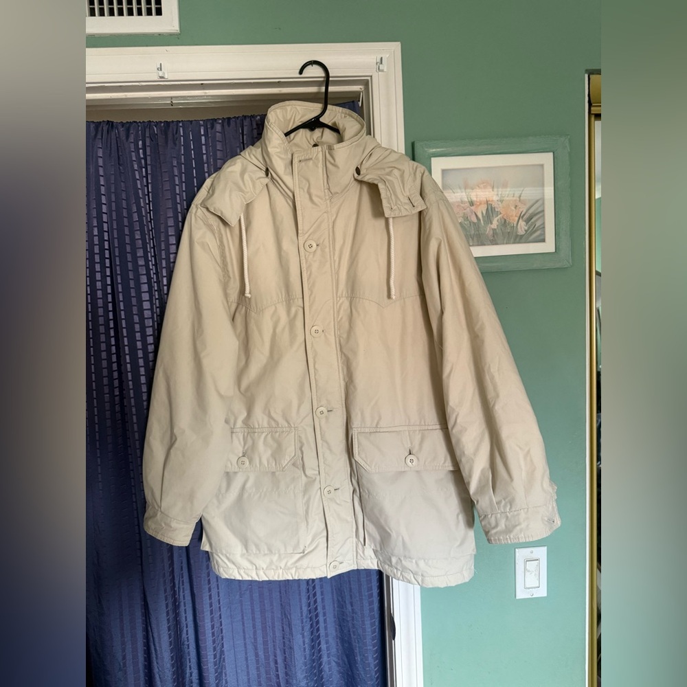 London Fog Men's Ivory Hooded Lined Warm Jacket 40 Reg (S-M) Windbreaker Pockets